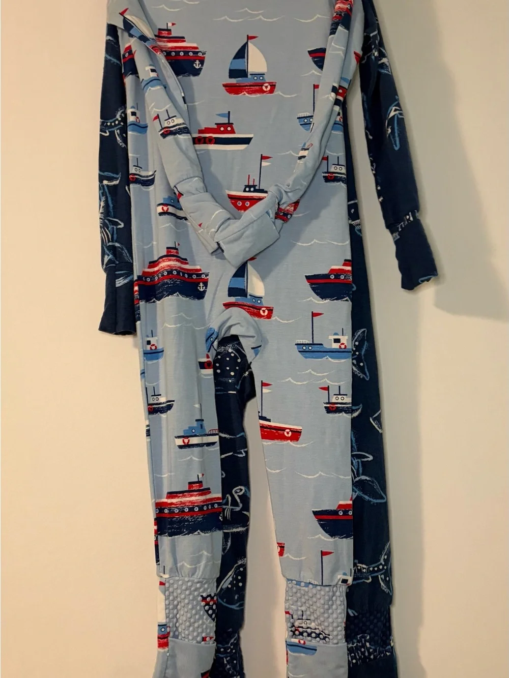 Navy Shark & Light Blue Ship Print Kids Zip-Front Pajamas